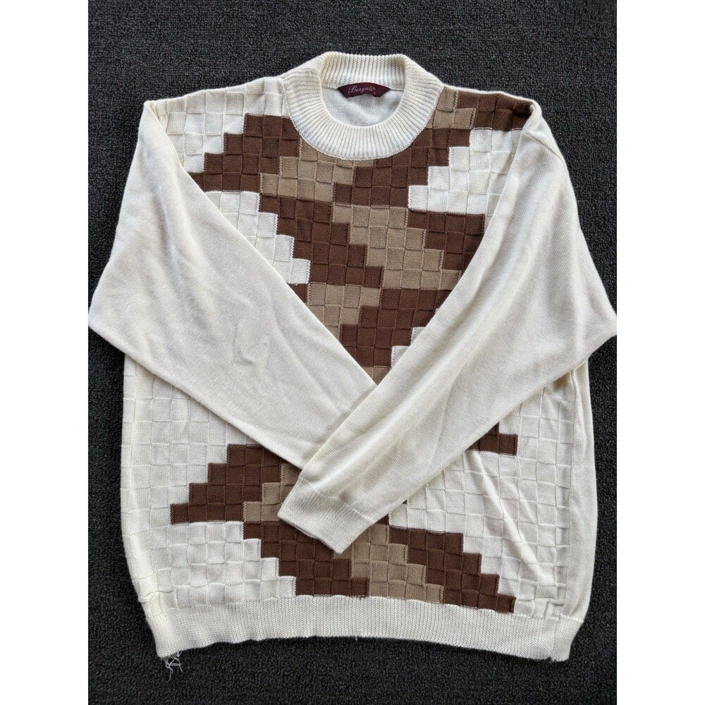 Vintage Bergati Geometric Basket Weave Knit Sweater Men’s XL — Fraying at Hem
